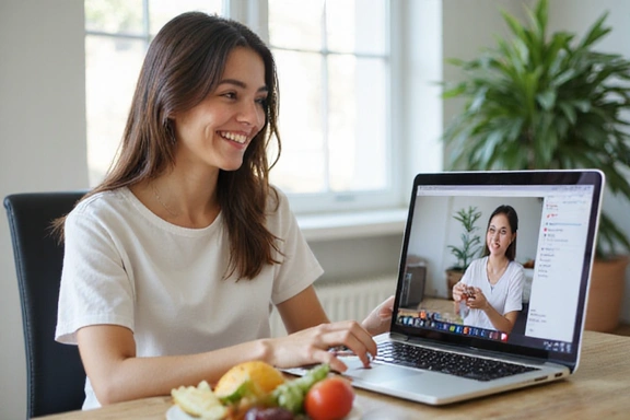 Mujer sonriendo mientras hace una videollamada de consulta nutricional en su computadora portátil